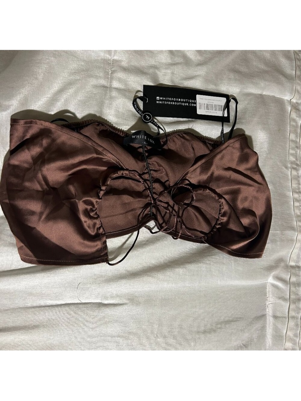 NWT White Fox Boutique Chocolate Brown Satin Ruched Lace Up Crop Top Size SMALL